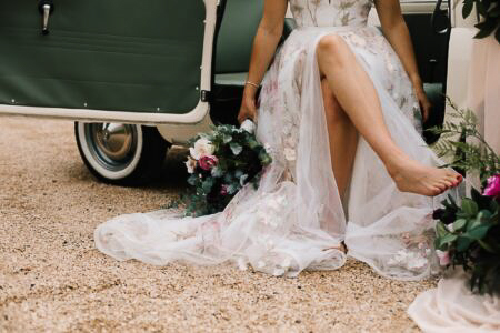Bride in Vintage Fiat 500 at Silchester Farm