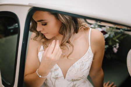 Bride in Vintage Fiat 500 at Silchester Farm