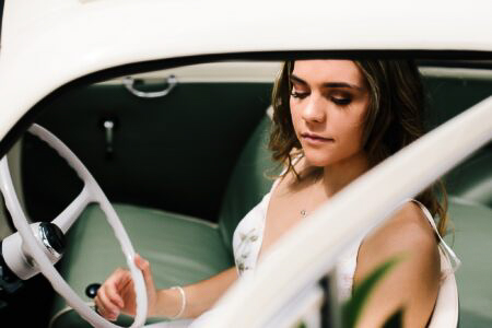Bride in Vintage Fiat 500 at Silchester Farm