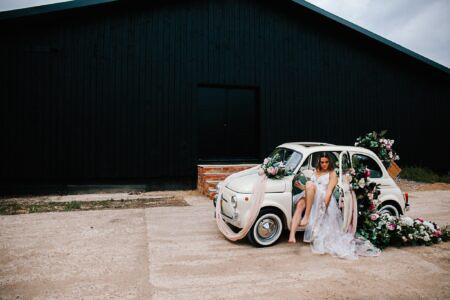 Bride in Vintage Fiat 500 at Silchester Farm